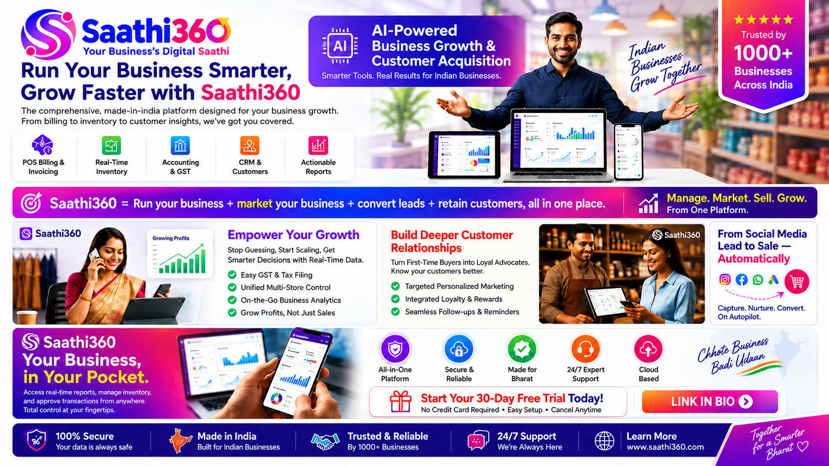 Saathi360 — POS billing and invoicing, real-time inventory, accounting & GST, CRM and actionable reports for Indian businesses